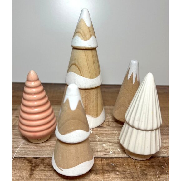 Set Of 5 Wooden & Ceramic Decorative Trees Minimalist Winter Holiday Decor - Picture 1 of 3